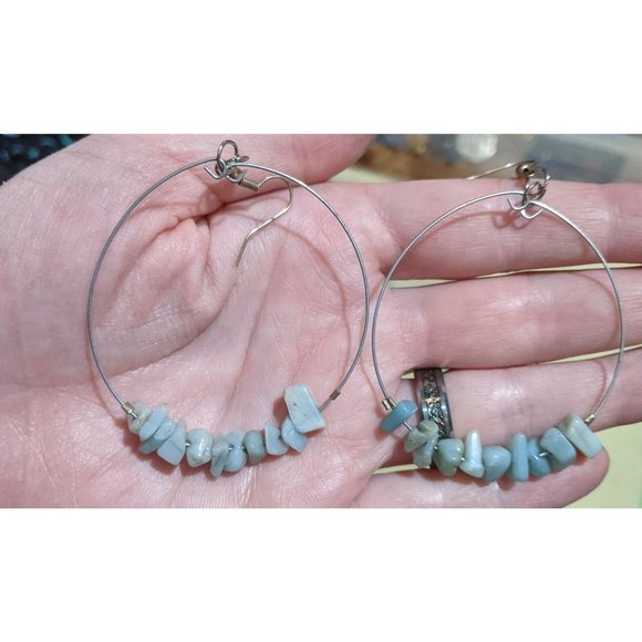 Jewelry - Dangle Hoop Earrings With Light Blue Gemstone Beads